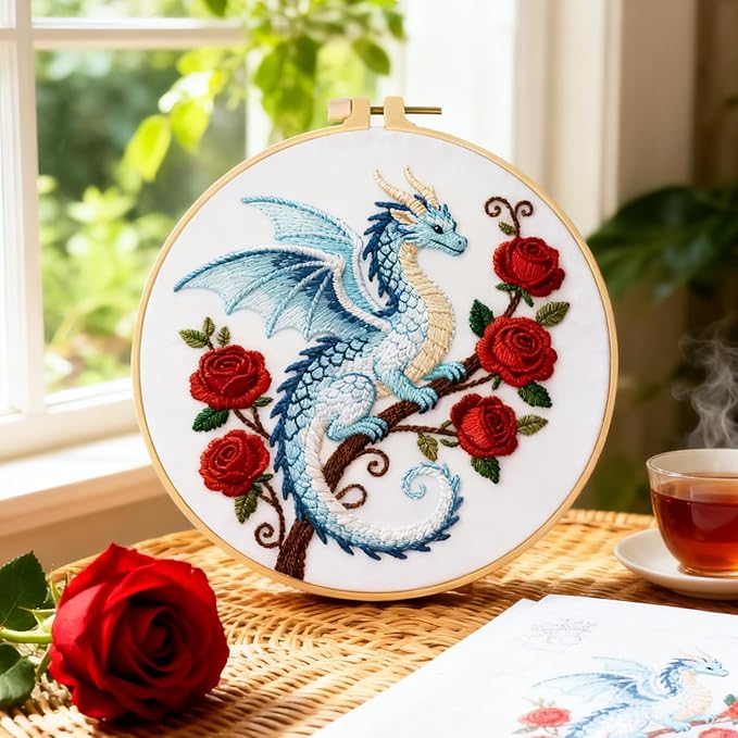 BEUNITONE 6 Sets Embroidery Kits for Beginners with Dragon and Flowers Patterns, DIY Craft Kits for Adults Include Embroidery Hoops and Instructions, Needlepoint Kits for Craft Lover and Home Decor