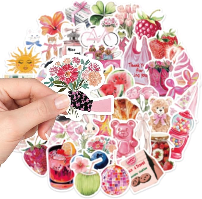 55 pcs vintage pink stickers, waterproof retro aesthetic stickers for water bottles,laptop scrapbook journaling decorative decals for adults