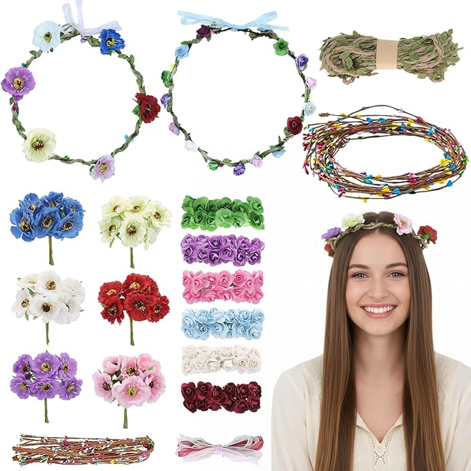 KorViSHOW DIY Flower Crowns Making Kit, 136 Pcs Handmade Rose Floral Headband Craft Set, DIY Creativity Fairy Flower Hair Accessories Making Kit for Women Make Your Own Handmade Activities Arts Gifts