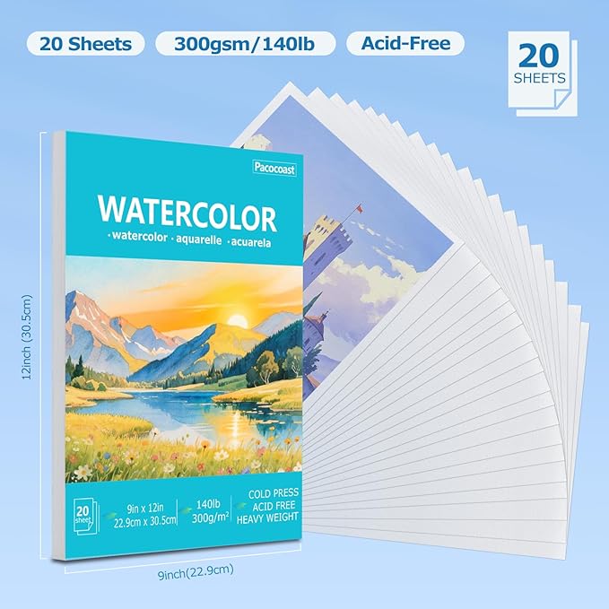 Pacocoast Watercolor Paper, 9"X12" Cold Press Water Color Paper Pad, (300gsm/140lb) Artist Sketchbook for Acrylic, Gouache & Pencil. Painting Drawing Paper Book, Art Supplies for Adults, Teal