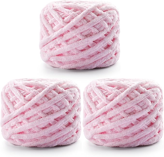 3 Pack Chunky Chenille Yarn for Crocheting, Fluffy Baby Blanket Yarn for Crochet Sweater Shawl Scarf Gloves, Super Soft Amigurumi Plush Yarn 222 yds/10.5 Oz (Light Pink)