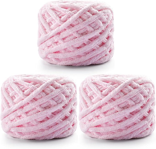 3 Pack Chunky Chenille Yarn for Crocheting, Fluffy Baby Blanket Yarn for Crochet Sweater Shawl Scarf Gloves, Super Soft Amigurumi Plush Yarn 222 yds/10.5 Oz (Light Pink)