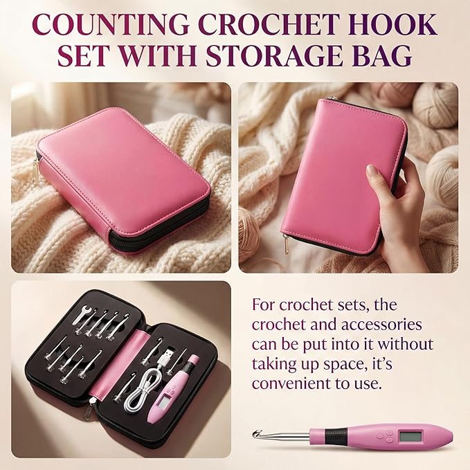 Counting Crochet Hook Set, 12-in-1 Light-Up Interchangeable Hooks with Digital Stitch/Row Counter (2.0–14.0 mm), Ergonomic Rechargeable Handle & Storage Case, Gift for Beginners & Experienced Crafters