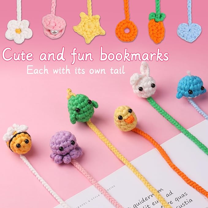 Kogyxe Crochet Kit for Beginners, Crochet Bookmark Kit with Step-by-Step Video Tutorials, Crochet Starter Kits for Beginners Decoration Readers Book Lovers, Animal Bookmarks (40%+ Yarn)