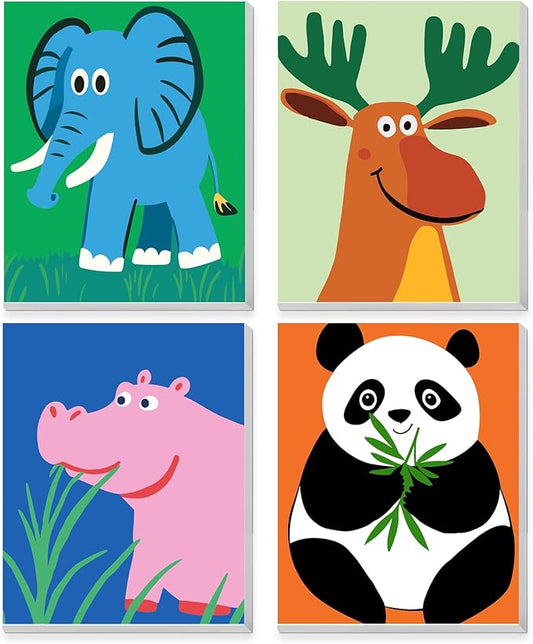 KEYIFA 4 Pack Framed Paint by Numbers Kit for Kids Age 6-12, Easy Animal Paintings for Adult Beginner, Framed Acrylic Canvas Painting for Home Decor Children Gift, 8x10 in (Panda+Elephant+Moose+Hippo)