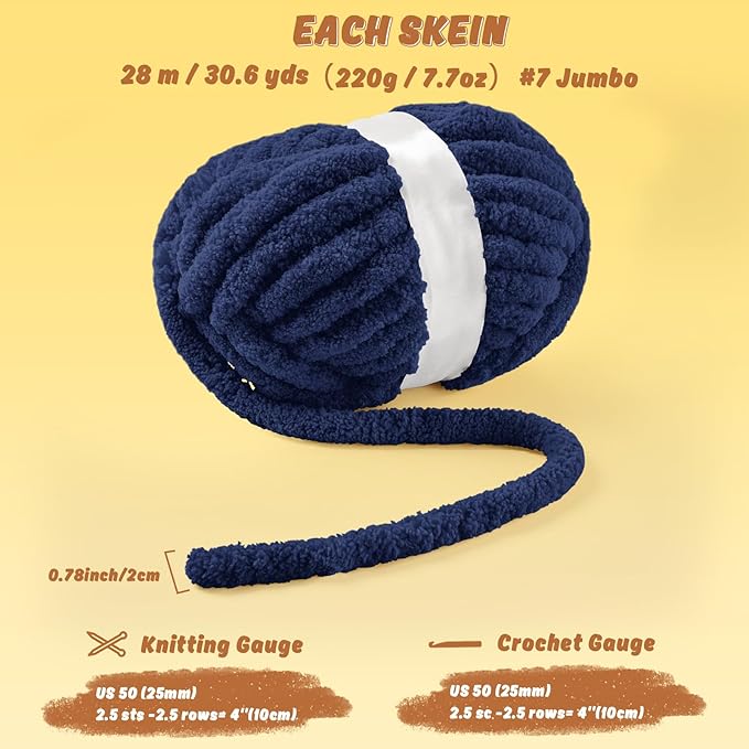 Inhand 8 Pack Chunky Chenille Yarn for Crocheting–30.6 Yards, 7.7oz, Soft Fluffy Thick Yarn,Gifts for Men/Women Birthday Christmas Unique,Hand Knitting for Blankets&DIY Crafts (Navy Blue)