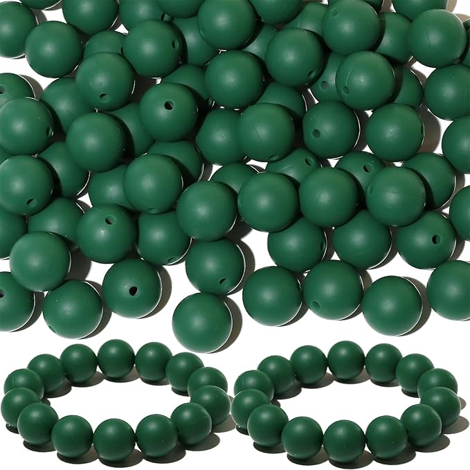 120pcs Richbunnys 15mm Bulk Silicone Beads for Pens and Keychain Making,Large Bead for Necklace and Bracelets Making,Assorted Rubber Beads Set（Dark Green）