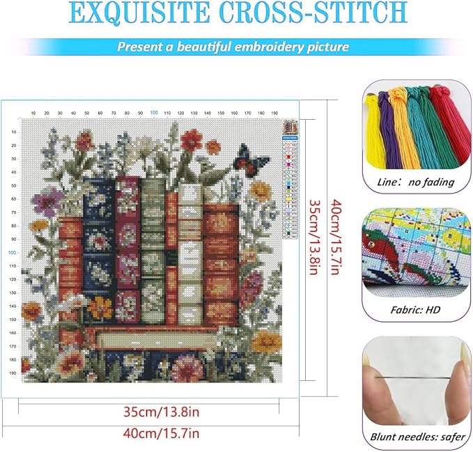 KYOQFVN Flower Stamped Cross Stitch Kits - Book Counted Cross Stitch Kits for Beginners, Needlepoint Cross-Stitch Patterns Dimensions for Home Decor 14×14 Inch