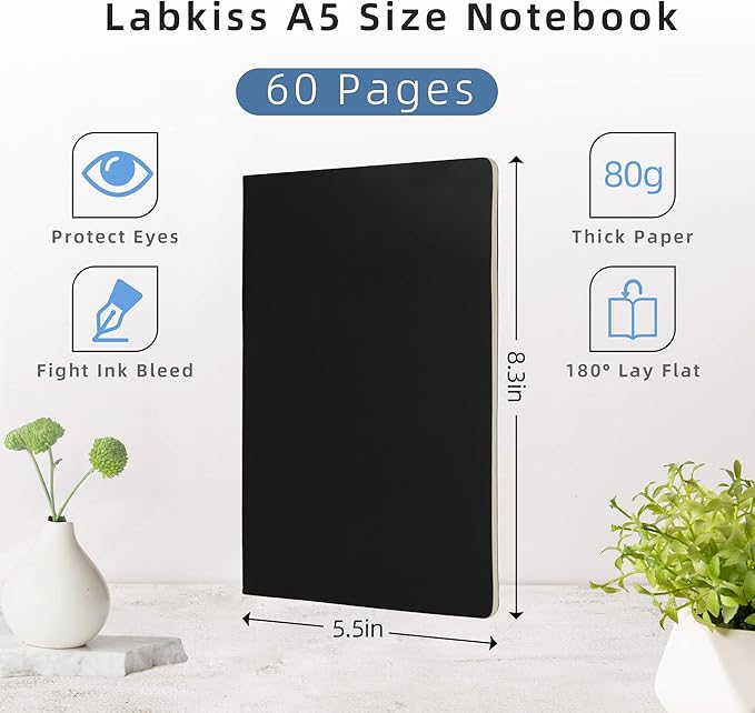 labkiss 24 pack blank notebook & journal bulk, black cover, unlined plain thick paper, a5 size, 5.5x8.3 inch, 60 page, small sketchbook subject note pad set for women men kids traveler student office