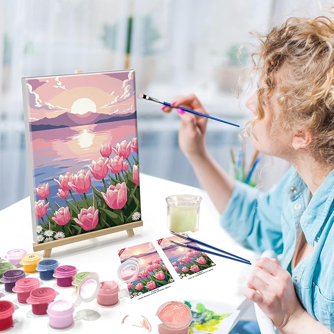 ATDMS Paint by Numbers Kit for Adults with Frame Flowers Adult Paint by Number Kits Framed Canvas Seaside Sunset Paint by Number with Easel DIY Mountain Oil Painting kits for Home Wall Decor 8x12 Inch