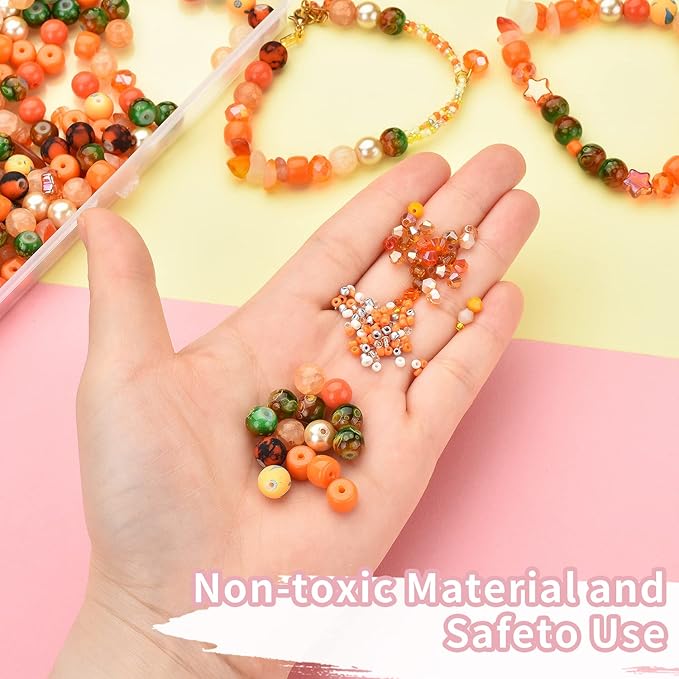Rired 27 Glass Beads for Bracelet Making Kit, 900pcs Orange Crystal Beads Set, Craft Beads Include Assorted 8mm Round/Bicone/Seed and Shaped Star Beads for Jewelry Making