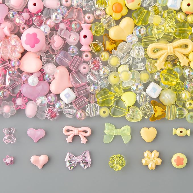 LAIDANLA Pink and Yellow Assorted Acrylic Beads for Bracelets Jewelry Making, Aesthetic Cute Beads Flower Star Heart Bow Butterfly Bear Candy Random Mix Beads for DIY Necklace Keychain 160g