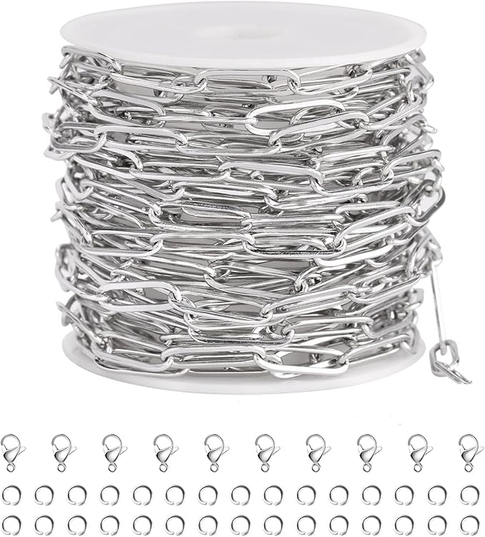 SMYHTGLIF 16.4 Feet Silver Stainless Steel Jewelry Making Chains Oval Paperclip Soldered DIY Necklace Bracelet Chain with Lobster Clasps and Open Jump Rings for Jewelry Making