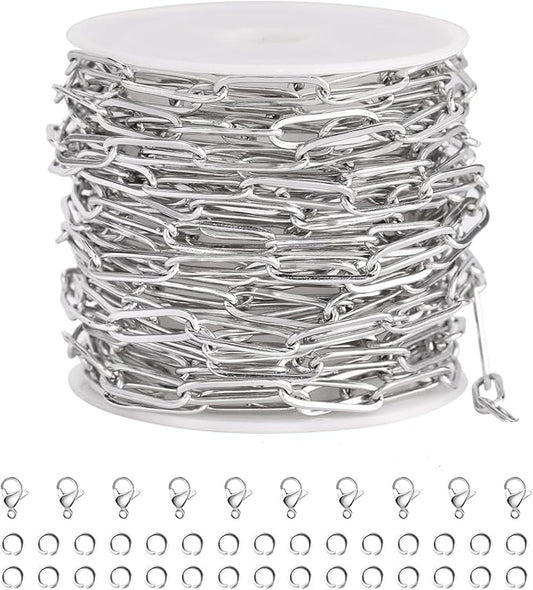 SMYHTGLIF 16.4 Feet Silver Stainless Steel Jewelry Making Chains Oval Paperclip Soldered DIY Necklace Bracelet Chain with Lobster Clasps and Open Jump Rings for Jewelry Making