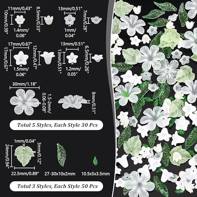 NBEADS 300 Pcs Acrylic Assorted Beads Kit, 1-2mm Hole Acrylic Flower and Leaf Beads DIY Jewelry Beads Caps ABS Plastic Pearl Beads for Bracelet Necklace Jewelry Making, Green