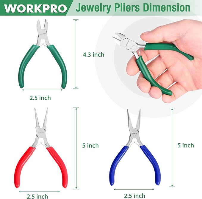 workpro jewelry pliers set, 3 pack jewelry making tool kit- needle nose plier/chain nose plier, round nose plier and wire cutter for charm bracelet, jewelry repair, diy crafts, jewelry making supplies