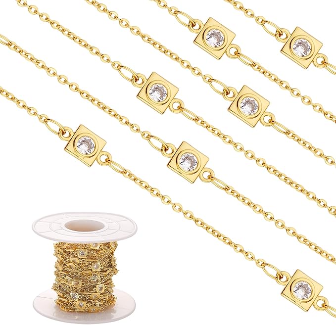 3.28 Feet 1M Brass Cubic Zirconia Square Link Chains Unwelded Brass Metal Chains with Brass Findings for Jewelry Necklace Making Crafts