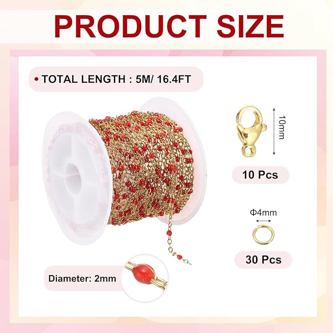 MECCANIXITY Stainless Steel Bead Chain, 16.4 Feet/5M Enamel Beaded Jewelry Link Cable Chains Spool Kit for Jewelry Making, Necklace, Bracelets, DIY Crafts (Gold/Red, Pack of 1)