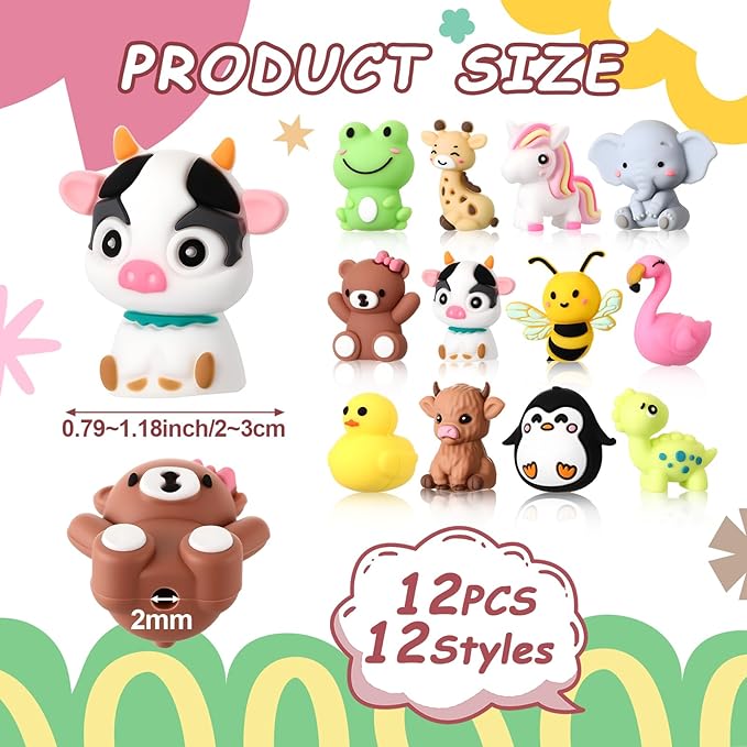 12 Pcs 3D Silicone Focal Beads Pens Beads Bulk for Beadable Keychain DIY Crafts Necklace Bracelet Phone Chain Charms Jewelry Making (Animals A)