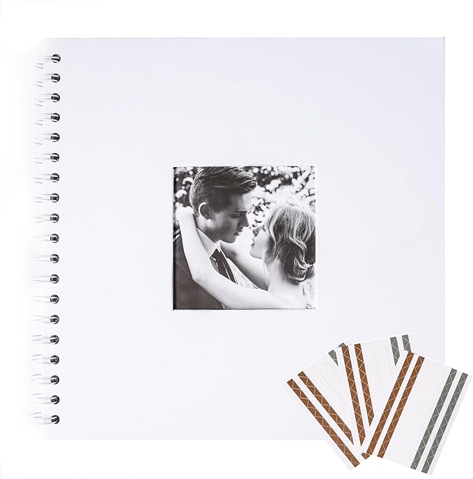 Scrapbook 10 x 10 Inch DIY Square Photo Window + 3 Corner Stickers, Photo Album Hardcover Kraft Paper White 40 Sheets/ 80 Pages