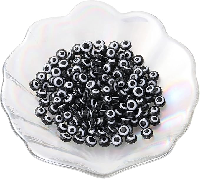 300pcs Evil Eye Beads for Jewelry Making,Flat Round Lampwork Bead 8mm Spacer Beads for Bracelets Necklace Handicraft Kit(Black)