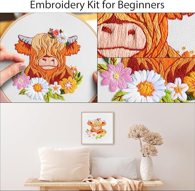 Louise Maelys Highland Cow Embroidery Kits for Beginners,Cross Stitch Kit for Adults,DIY Needlepoint for Starters Including Cloth Hoop Needles Instruction and Threads