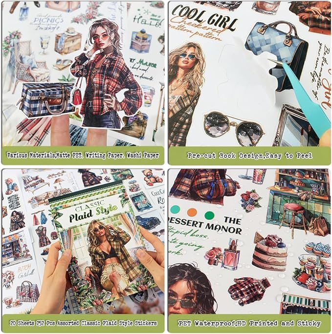 Dwpetzo Classic Plaid Pe-Cut Journaling Sticker Book for Women, PET, Washi, and Craft Paper Stickers for Junk Journal Supplies, Scrapbooking, Planner, Bujo, Collage, 20 Sheets, A5 Size