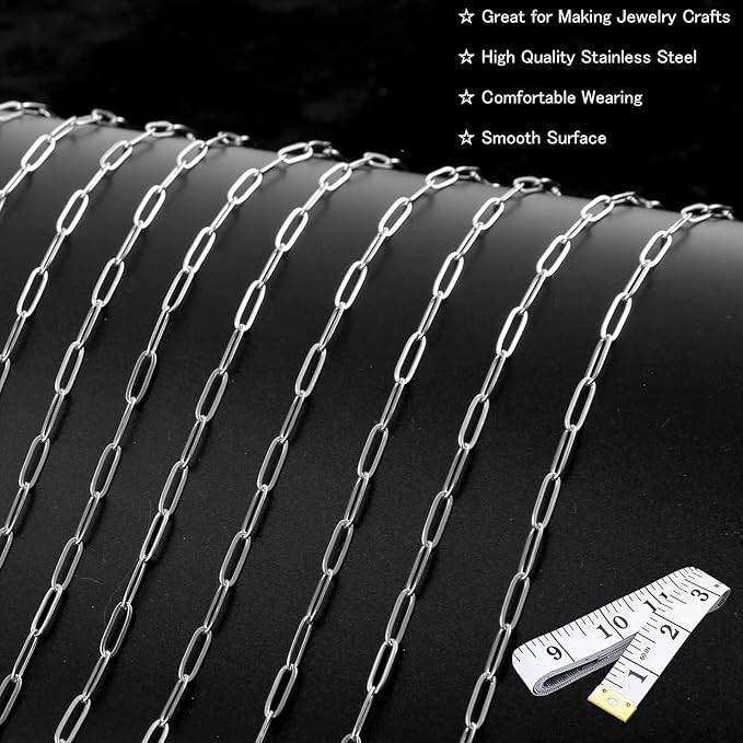 16Ft Stainless Steel Paperclip Chain for Jewelry Making, 4.5mm Width Silver Paper Clip Link Chains Roll for DIY Necklace Bracelet Craft Jewelry Making Supplies with Lobster Clasps Soft Tape Measure