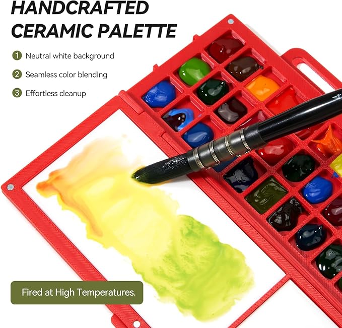 Portable Watercolor Sketchbook Set - 100% Cotton Hot Press 6.7x3.9 Inch Binder Art Journal with 36-Well Ceramic Paint Palette & 2 Travel Watercolor Brushes for Artists Outdoor Painting