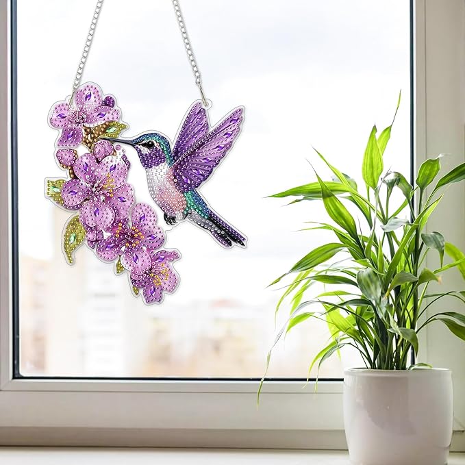 NAIMOER DIY Hanging Diamond Art Kits for Adults, Hummingbird Diamond Painting Kits, Special Shaped Rhinestone, Acrylic 5D Gem Art Craft Window Pendants Home Garden Wall Hanging Ornament Kits