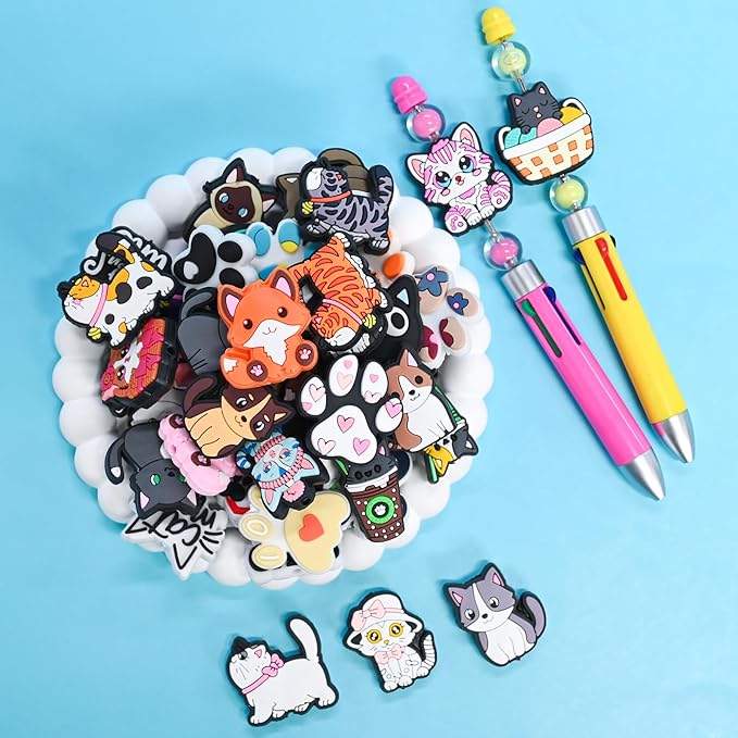 Silicone Focal Beads for Pens Cat Accessory Kit 60 Pcs Colorful Round Beads for Keychain Making Bracelet Necklace Handmade Crafts