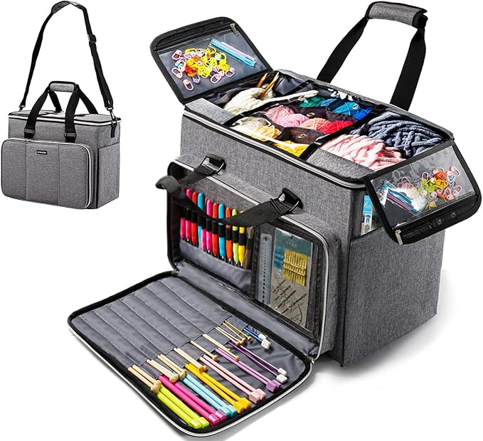 Knitting Bag, Large Yarn Storage Organizer, Crochet Bags and Totes, Yarn Bags for Crocheting, Yarn Holder Case for Knitting Needles, Crochet Hooks, Knitting Accessories, Unfinished Project, Grey.