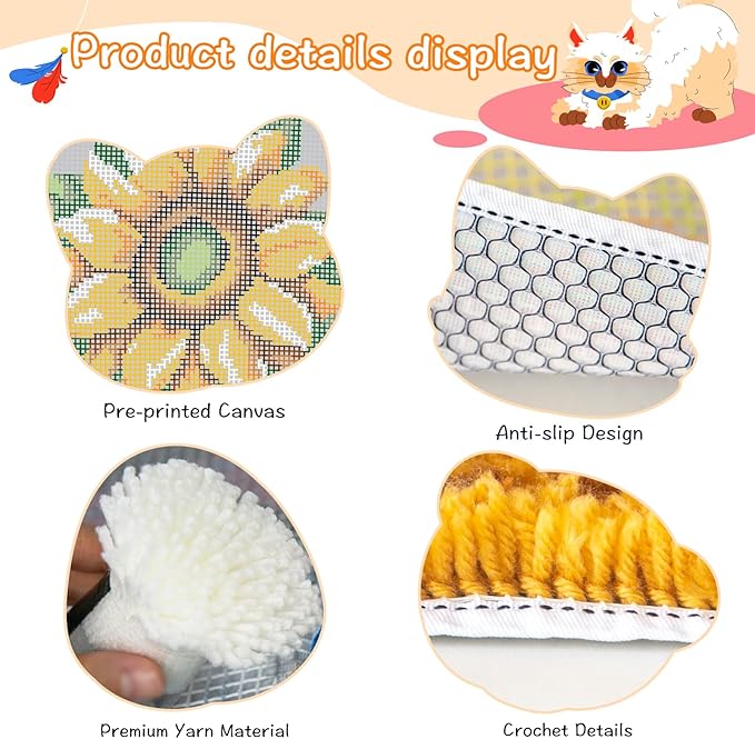 YP Sunflower Latch Hook Rug Kits for Adults,DIY Crochet Yarn Rugs Hooking Craft Kit with Color Preprinted Pattern Design for Beginners,Home Decoration Festival Gifts,20.5''x20.5''