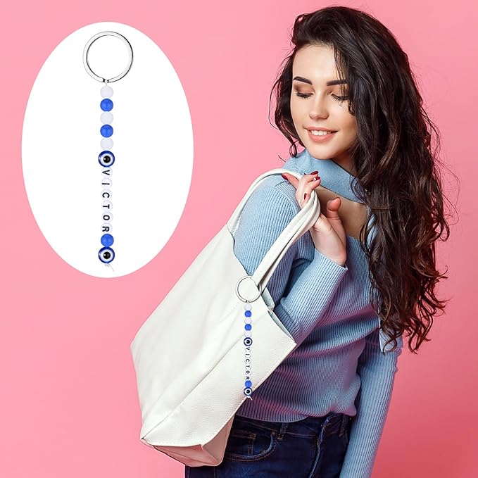 Landical 564 Pcs Evil Eye Keychain Making Kit DIY Bead Keychain Charm Blue Key Chain Craft Adjustable Letter Bead String Alphabet Jewelry Amulet for Good Luck Holiday Christmas Party Favor(Blue White)