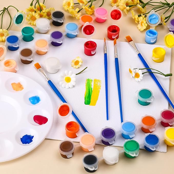 322PCS Washable Acrylic Paint for Kids Arts and Crafts, 23 Gouache Watercolor Paint Combination Sets of 12 Colors for Party Classroom Painting Supplies,23 Flat and 23 Pointed Brushes