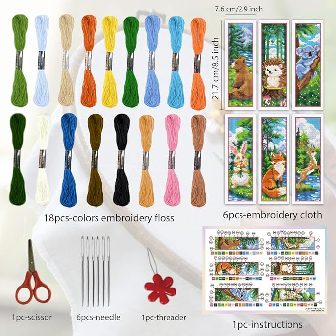 ORIGACH 6 Set Forest Animals Cross Stitch Bookmark Kits for Beginner, Animals Modern Stamped Cross Stitch Kits with Instructions for Adults Bookmarks Lovers