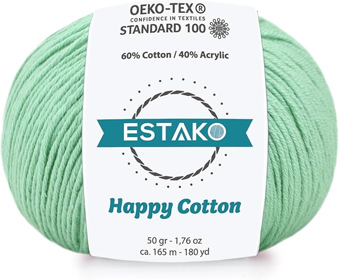 Estako Happy Cotton, 60% Cotton 40% Acrylic Yarn, Soft, Fine/Sport (2) for Crochet and Knitting 1.76 Oz (50g) / 180 Yrds (165m) (4920 - Mint)