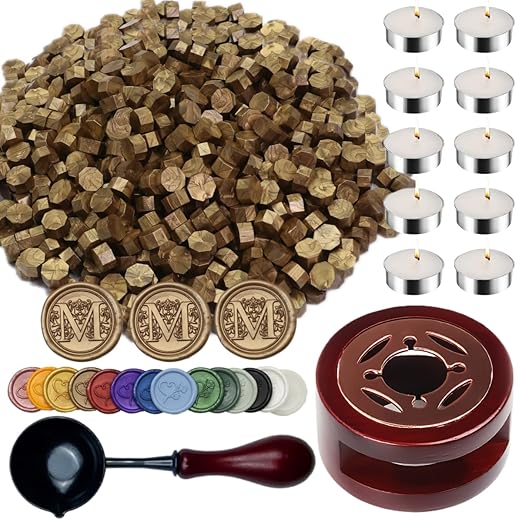Antique Gold Sealing Wax Beads, ONWINPOR 400pcs Wax Seal Kit with Warmer, Non-Slip Spoon, Candles for Envelopes, Stamp Letter Seal,Wedding Invitations (Antique Gold)