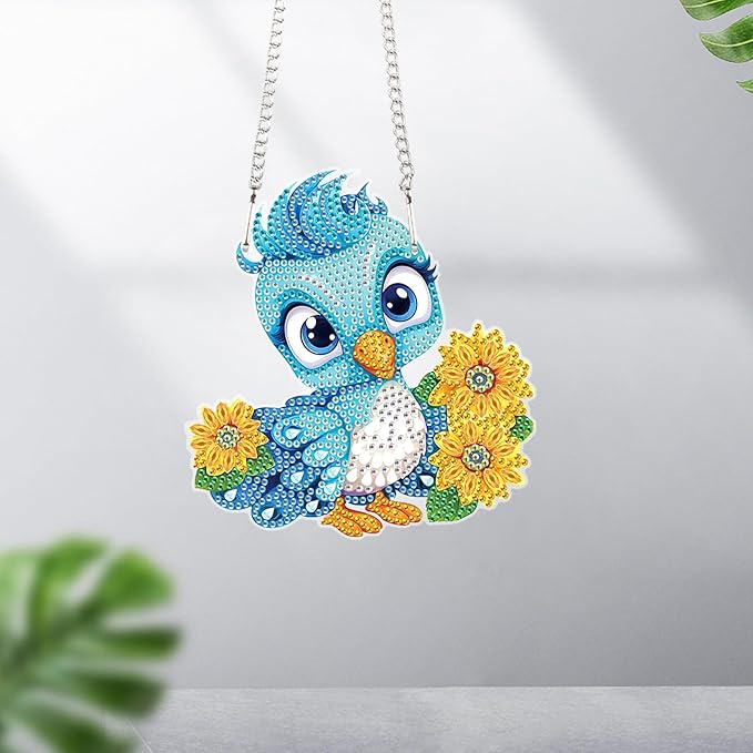 AiYuanzsh DIY Blue Bird Diamond Art Hanging Kit, Flower 5D Acrylic Diamond Painting Pendant Ornament, Crystal Art Suncatcher for Home Wall Decor Gift