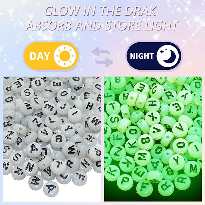 Amaney 1400pcs Letter Beads,Heart Beads Glow in The Dark 4x7mm A-Z Round Acrylic White Alphabet with Elastic Beading Cord for Jewelry Bracelet Making