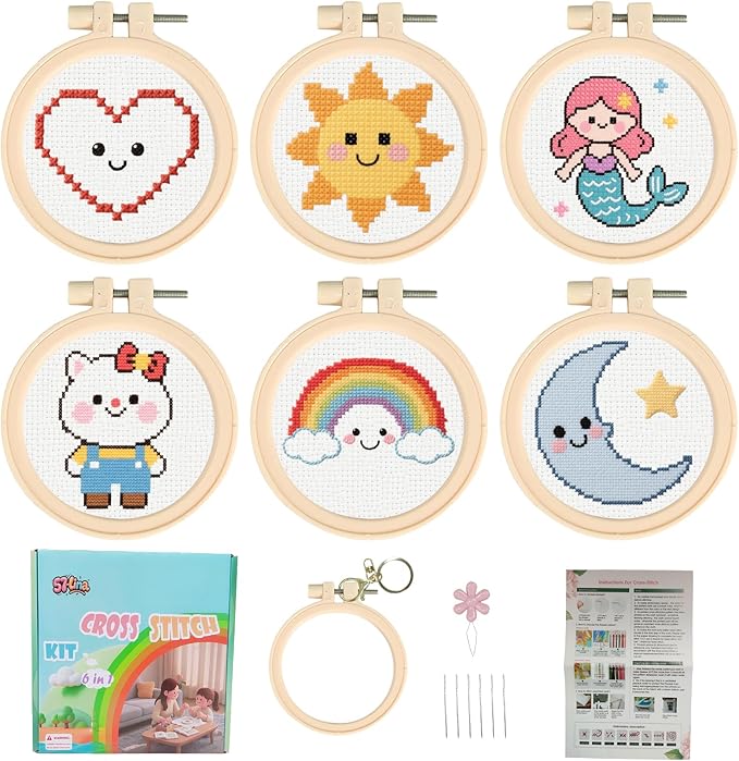57lilina Cross Stitch Kits for Kids - 6 Set Easy Beginners Embroidery Kit for Kids, DIY Cute Pre Printed Stamped Crossstitch Needlepoint Patterns Craft for Backpack Charms, Keychains & Girls Gifts