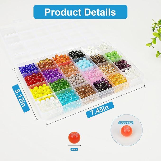 XSEINO About 1200PCS 6mm Original Color Glass Beads Bracelet Making Kit,24 Assorted Color Series Colorful Crystal Beads for Bracelet and Jewelry Making and DIY Crafts,Friendship Bracelets