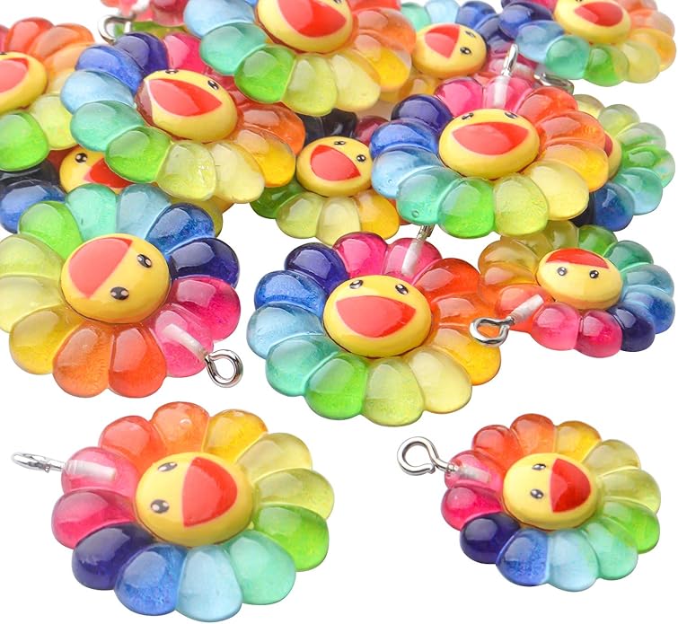 Aylifu Sunflower Charm Pendants,20pcs Resin Rainbow Flower Charms Face Charm Sunflower Cabochons Epoxy Charms for DIY Jewelry Necklace Crafts Making,2 Sizes