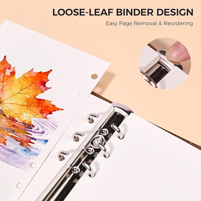 Lightwish Watercolor Sketchbook, 100% Cotton 300gsm Hot Press, 6.69" x 3.94", 20 Sheets, Binder Bound & Refillable, Acid Free Paper for Artists, Adults, Students, Travel Art Journal