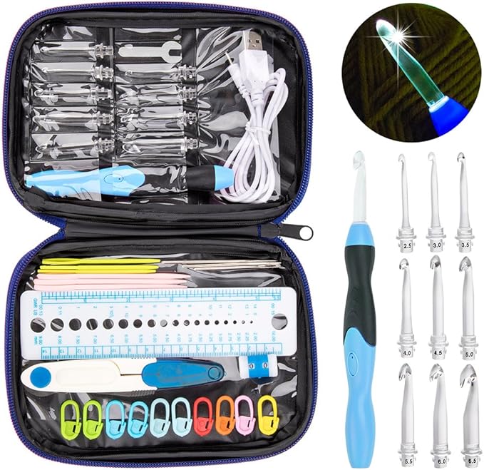 Vidillo Crochet Hooks Lights Set with Case, Ergonomic Rechargeable Lighted Hooks,9 Interchangeable Heads Hooks with a Crochet Hooks Case, Knitting Knit Needles Weave Yarn Sewing DIY Craft (Blue)
