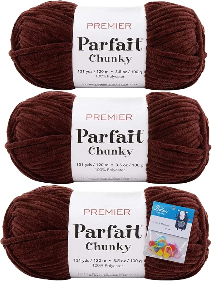 Premier Yarns Parfait Chunky Chenille Yarn 3.5 Oz Super Bulky Weight 3 Pack Bundle with Bella's Stitch Place Holders (Chocolate)