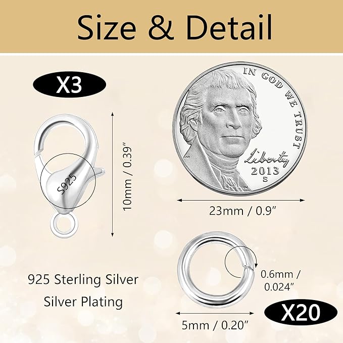 23Pcs 925 Sterling Silver Lobster Claw Clasps 10mm with Open Jump Rings Jewelry Making Set, Sterling Silver Jewelry Finding Supplies Small Lobster Clasps for Necklaces Bracelet Chains Connector