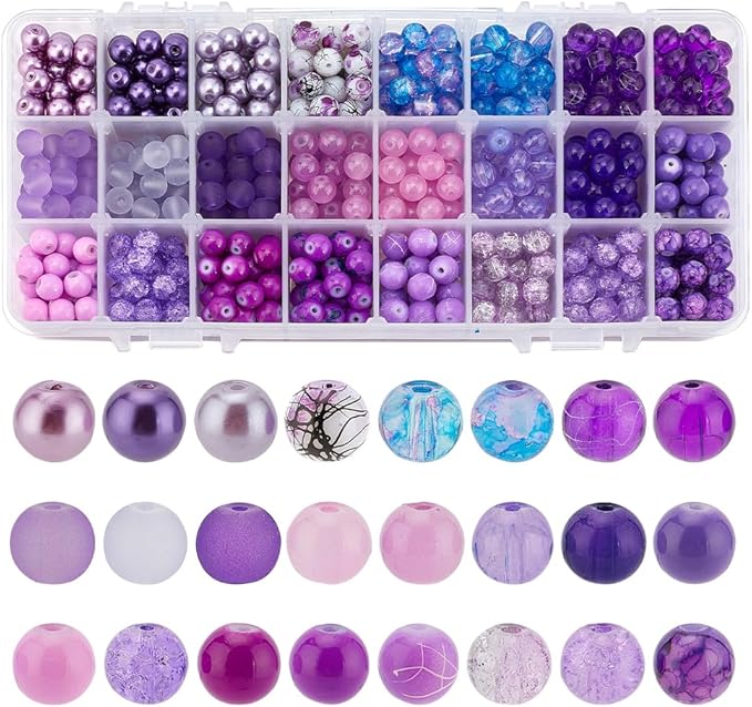 PH PandaHall 720pcs 8mm Purple Glass Beads 24 Color Round Bracelet Beads Loose Crystal Bead Craft Bead Bulk for Summer Friendship Bracelet Necklace Earring Jewelry Making DIY Craft Party Ornament