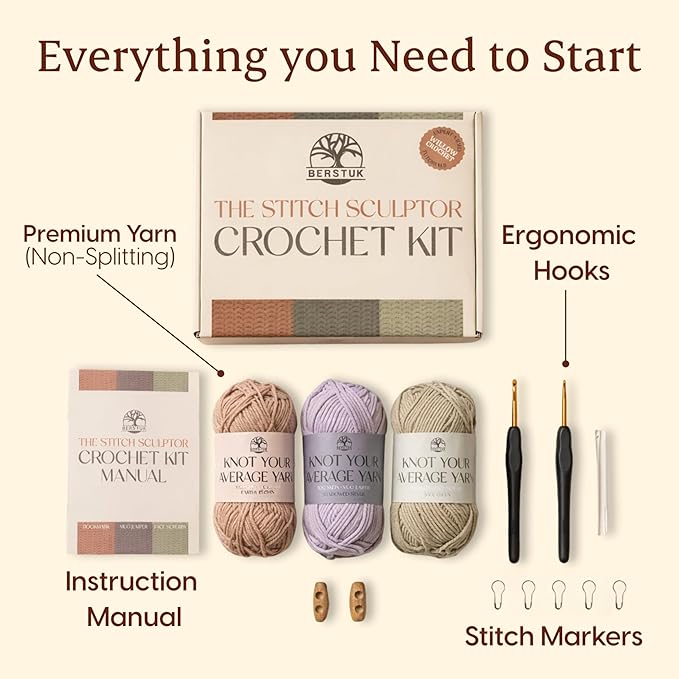 Berstuk Beginner Crochet Kit for Adults – Easy Projects with Step-by-Step Video Tutorials - Complete Kit for Functional Projects - Left & Right-Handed Instructions