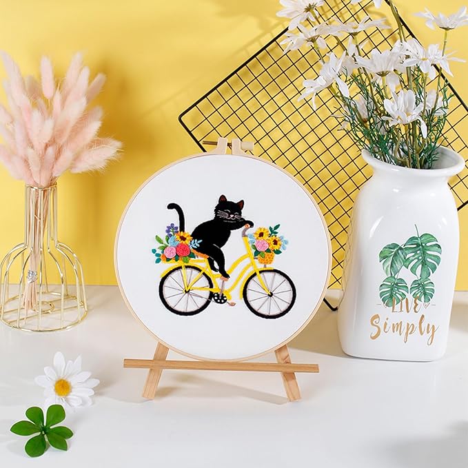 Louise Maelys Cute Cat Embroidery Kits for Beginners with Flower Bike Pattern,Adults Starter Cross Stitch Kit DIY Needlepoint